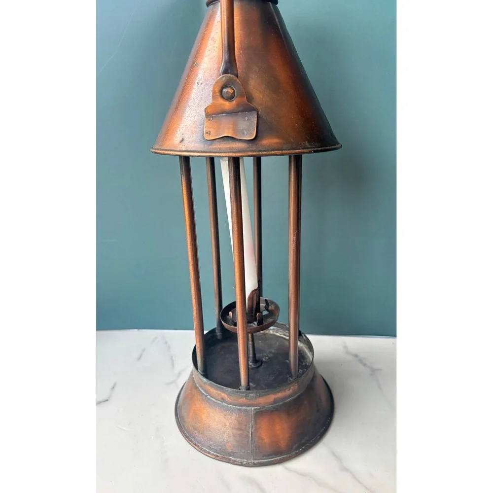 Vintage Copper Candle Lantern Rustic Farmhouse Decor Floral Ceramic Handle